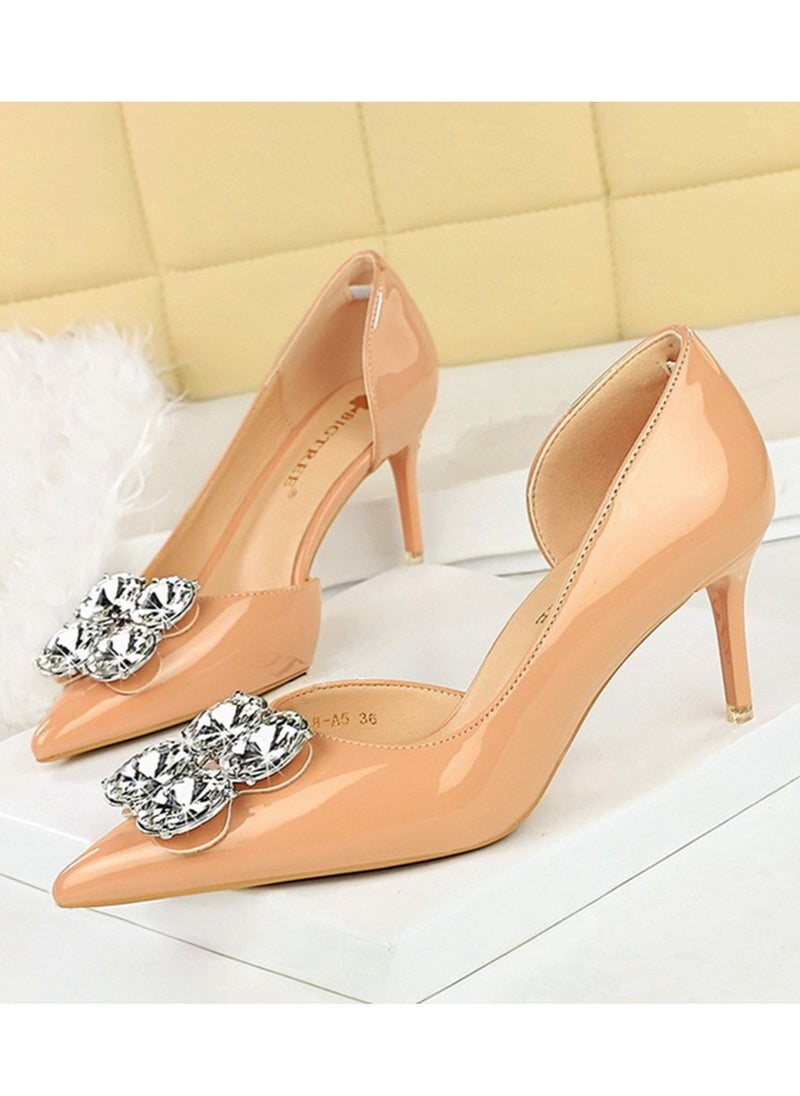 BIGTREE Women's Closed Pointed Toe Stiletto Pump Rhinestone Decoration High Heels Beige 7.5 CM 