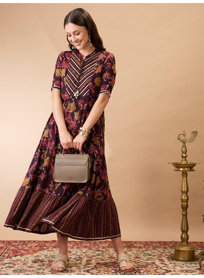 globus Globus Women Wine Floral Print Mandarin Collar Gota Lace Yoke Flared Hem A-Line Maxi Dress  - Image 1