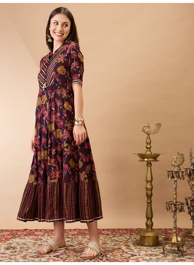 globus Globus Women Wine Floral Print Mandarin Collar Gota Lace Yoke Flared Hem A-Line Maxi Dress  - Image 2