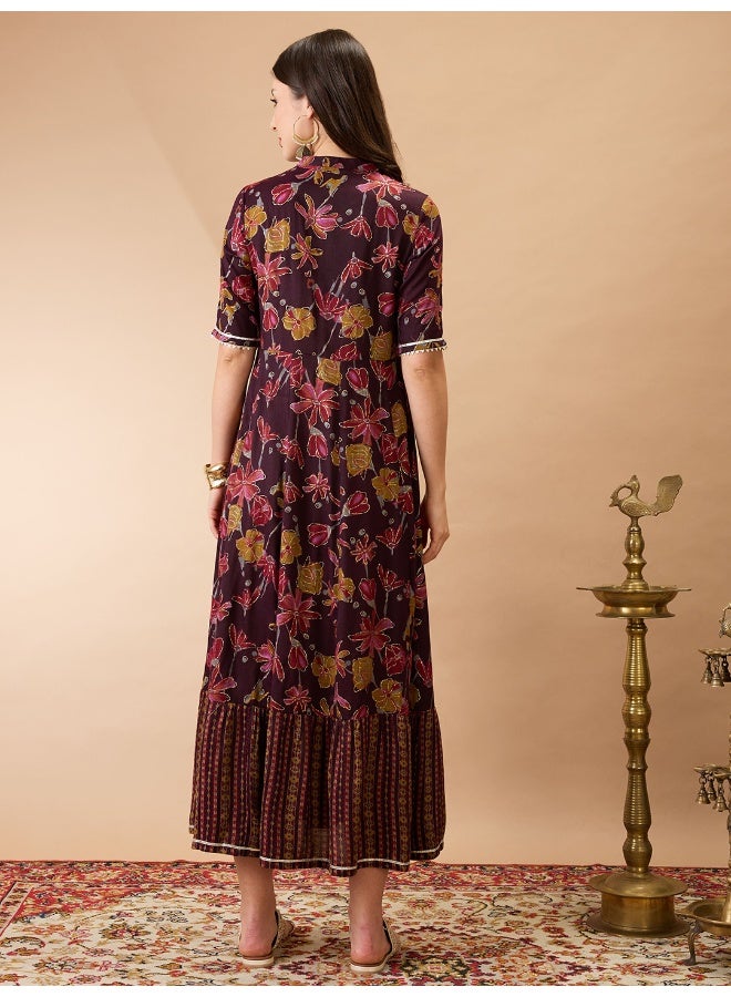 globus Globus Women Wine Floral Print Mandarin Collar Gota Lace Yoke Flared Hem A-Line Maxi Dress  - Image 3