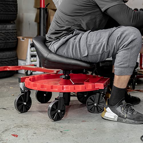 Traxion 2-230 Monster Rolling Padded Mechanic Stool Seat Garage Shop Roller Work Chair with Wheels and Tool Tray, Heavy-Duty 400-lb Capacity, All-Terrain 5" Casters, Black Red - Image 5