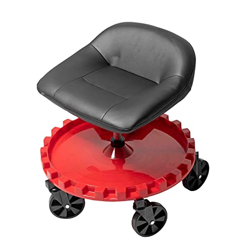 Traxion 2-230 Monster Rolling Padded Mechanic Stool Seat Garage Shop Roller Work Chair with Wheels and Tool Tray, Heavy-Duty 400-lb Capacity, All-Terrain 5" Casters, Black Red - Image 1