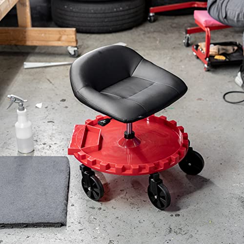 Traxion 2-230 Monster Rolling Padded Mechanic Stool Seat Garage Shop Roller Work Chair with Wheels and Tool Tray, Heavy-Duty 400-lb Capacity, All-Terrain 5" Casters, Black Red - Image 4