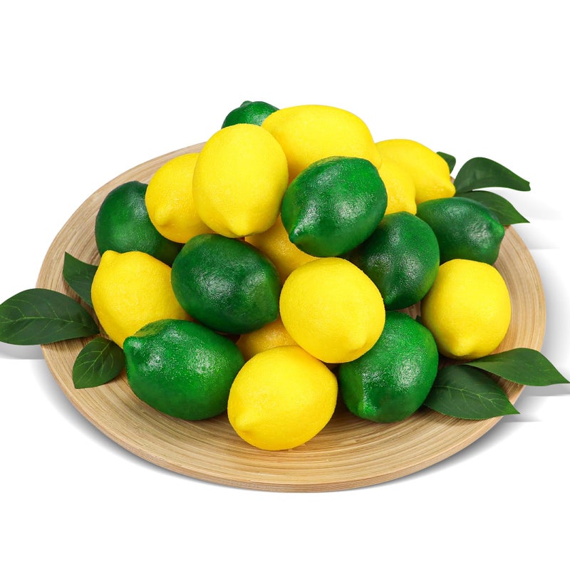 Lorigun 48 Pcs Fake Lemons Artificial Fruits Limes with Leaves Faux Yellow Lemons Decor Realistic Fake Fruits Lemons for Bowls Decor Table Centerpieces Summer Lemons Decorations Party Kitchen