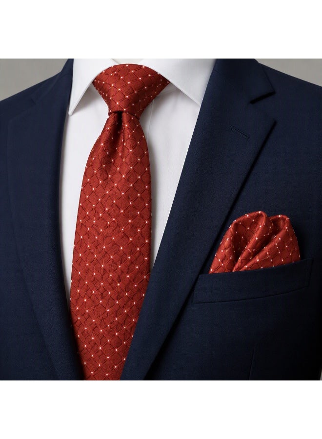 Men’s Red Textured Necktie with Matching Pocket Square – 2-Piece Formal Set - Image 1