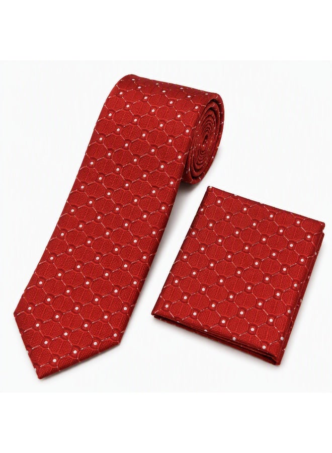 Men’s Red Textured Necktie with Matching Pocket Square – 2-Piece Formal Set - Image 3