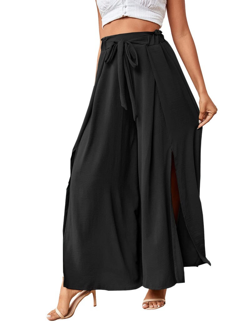 LYANER Women's Tie Front High Waist Side Split Slit Flowy Wide Leg Pleated Pant with Belt Solid Black Medium - Image 4