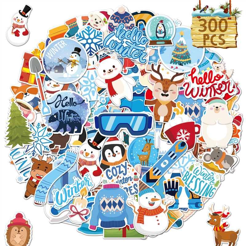 LINAYE 300 PCS Winter Stickers for Kids Non-Repeating Waterproof, Adhesive Vinyl Cute Winter Snowman Stickers Bulk Pack for Kids Party Favors Gifts for Boys Girls - Image 1