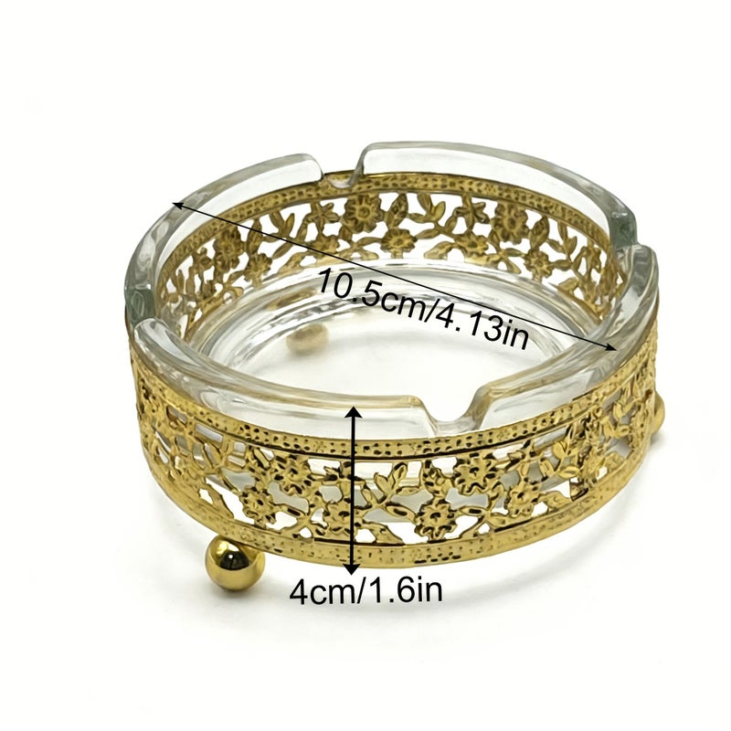 Golden Style European Electroplated Iron Art Round Glass Decorative Ashtray For Home Festive Countertop Decor - Image 3