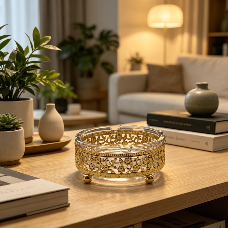 Golden Style European Electroplated Iron Art Round Glass Decorative Ashtray For Home Festive Countertop Decor - Image 5