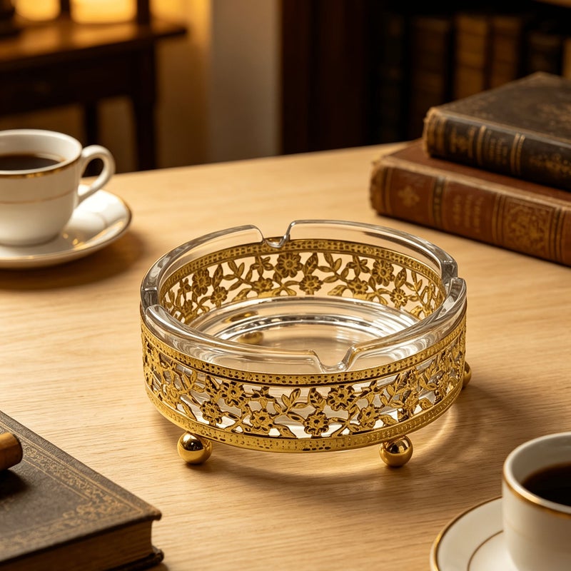 Golden Style European Electroplated Iron Art Round Glass Decorative Ashtray For Home Festive Countertop Decor - Image 4