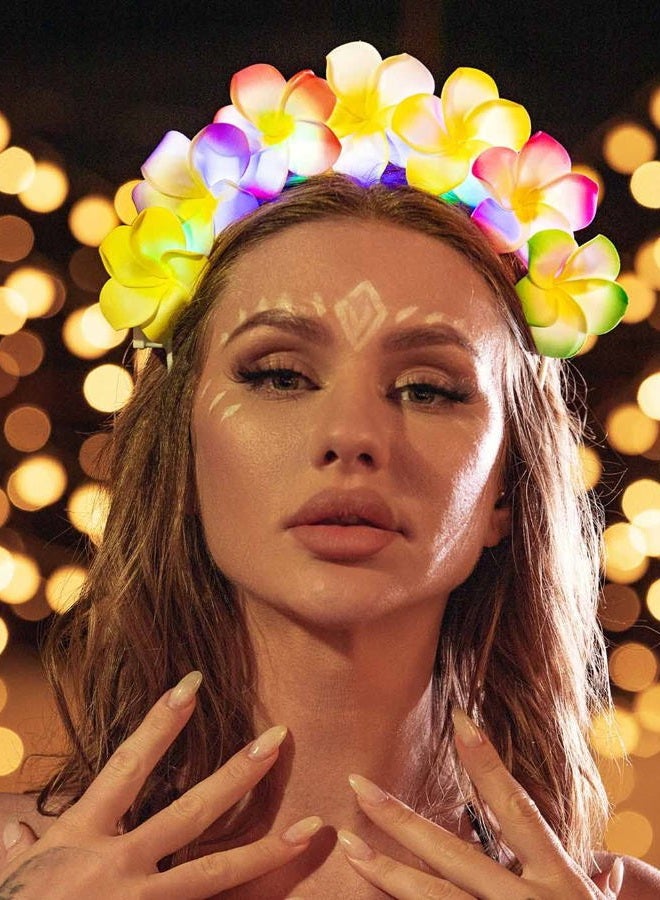 JEAIRTS LED Hawaiian Flower Headband Glowing Plumeria Floral Headpiece Festival Summer Beach Head Band Hawaiin Hair Accessories for Women - Image 3