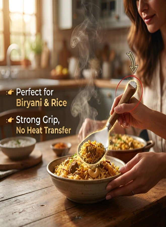 Akshify Rice Serving Spoon Stainless Steel with Wooden Handle, Heavy Duty Square Rice Paddle for Biryani Pulao Khichdi, Non Stick Safe Cooking & Serving Spoon, Multipurpose Kitchen Chamcha Utensil - Image 4