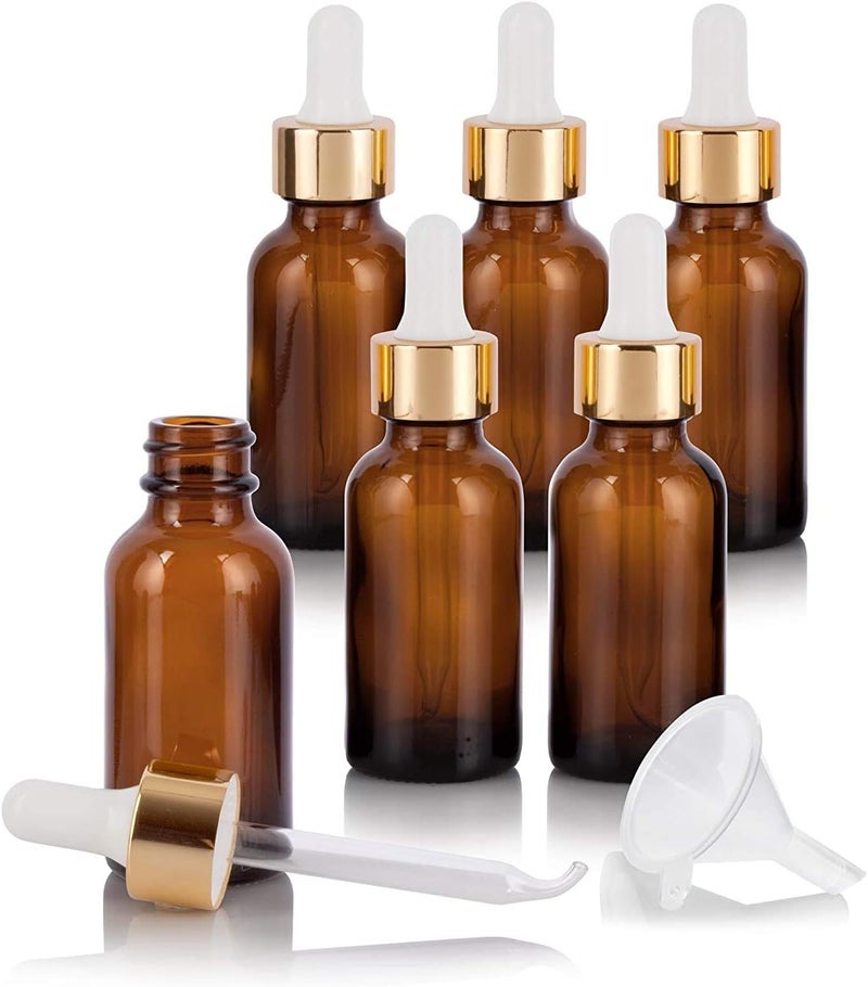 6 Pack Glass Bottles for Essential Oils with Glass Eye Dropper 30ml (1oz) for Essential Oils, Aromatherapy, E-liquid, Chemistry Lab Chemicals, Colognes & Perfumes (Amber) - Image 1