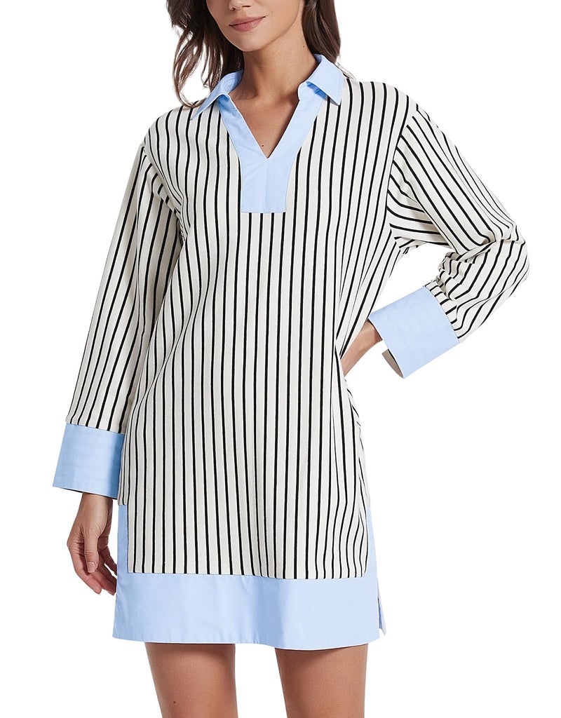 Kedera Women's Summer Striped Dress Long Sleeve V Neck Collared Shirt Mini Dresses 2026 Trendy with Side Slit - Image 1