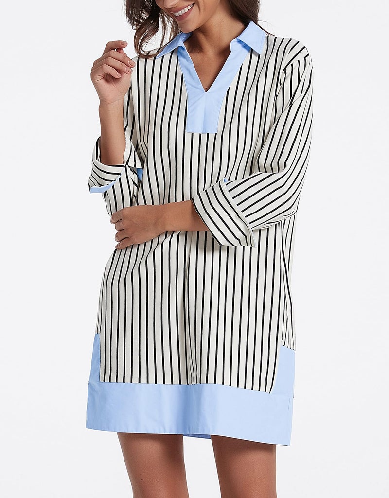 Kedera Women's Summer Striped Dress Long Sleeve V Neck Collared Shirt Mini Dresses 2026 Trendy with Side Slit - Image 2