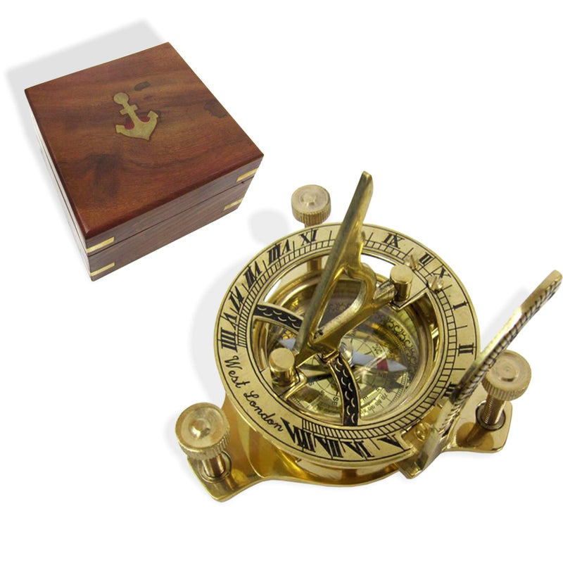 Sundial Compass Solid Brass Sun Dial with Wooden Box by NauticalMart