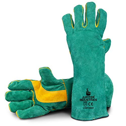 Jupiter Industries Animal Handling Leather Gloves Kevlar Gauntlet for Saftey Against Cats, Dogs, Reptile, Birds, Snakes (18 inches - (Pack of 1 Pair), Green-Yellow) - Image 1