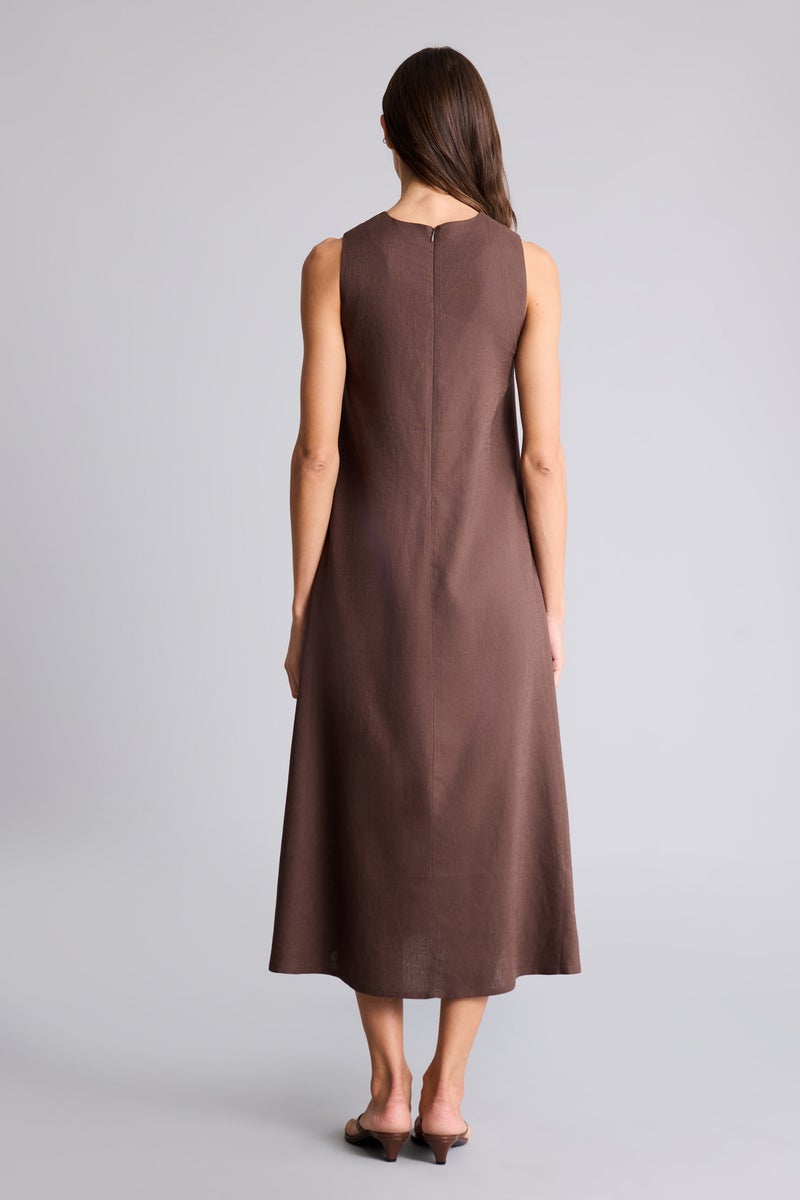 DeFacto Brown Woman Regular Fit Crew Neck Linen Blend Midi Dress Casual - Image 5