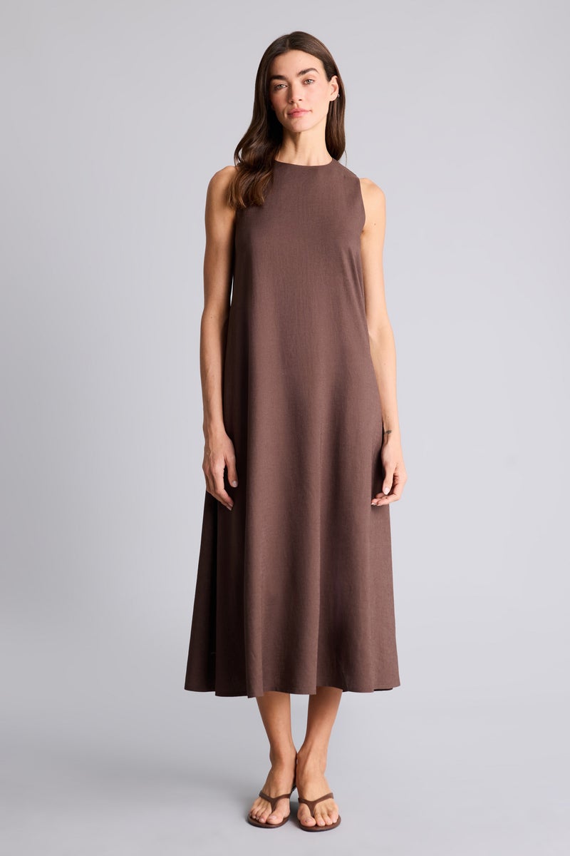 DeFacto Brown Woman Regular Fit Crew Neck Linen Blend Midi Dress Casual - Image 4