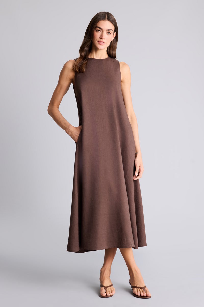 DeFacto Brown Woman Regular Fit Crew Neck Linen Blend Midi Dress Casual - Image 1