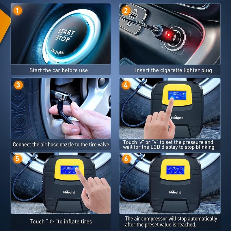 Nilight Air Compressor Tire Inflator Portable Tire Pump 150PSI Auto Car Tire Pump Digital Pressure Gauge Touch Screen Air Pump for Cars Bicycles Air Mattress, 2 Years Warranty - Image 5
