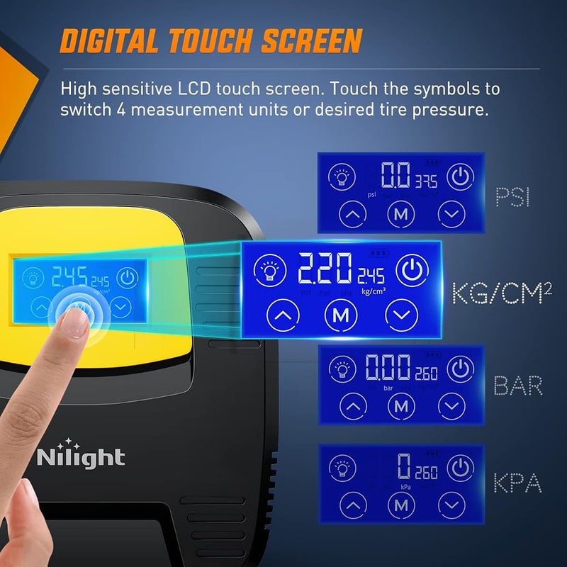 Nilight Air Compressor Tire Inflator Portable Tire Pump 150PSI Auto Car Tire Pump Digital Pressure Gauge Touch Screen Air Pump for Cars Bicycles Air Mattress, 2 Years Warranty - Image 3