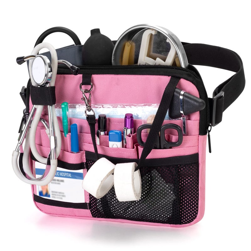 Damero Nurse Fanny Pack with Medical Gear Pockets, Nurse Waist Pouch Nurse Tool Belt with Tape Holder for Stethoscopes, Bandage Scissors and Other Medical Supplies, Pink - Image 1
