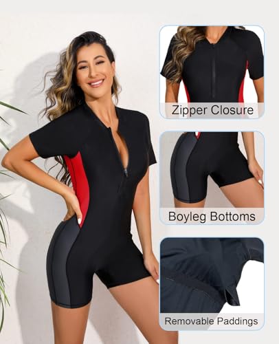 Halcurt Women's Boyleg One Piece Rash Guard with Built in Bra UPF50+ Zip Long Sleeve Full Body Modest Swimsuit Black Red Gray M - Image 4