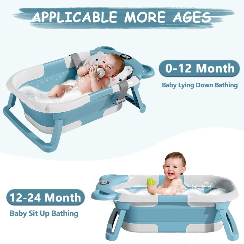 MoreFeel Collapsible Baby Bathtub for Newborn with Thermometer & 1 Hooded Towel & 1 Soft Floating Cushion,Portable Travel Bathtub with Drain Hole, Durable Foldable Baby Tubs for Infants to Toddler - Image 3