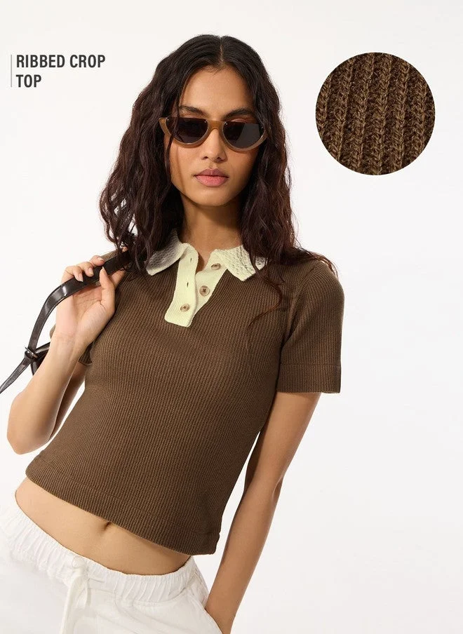 The Souled Store Women Regular Fit Self Design Coffee Brown Polo T-Shirt