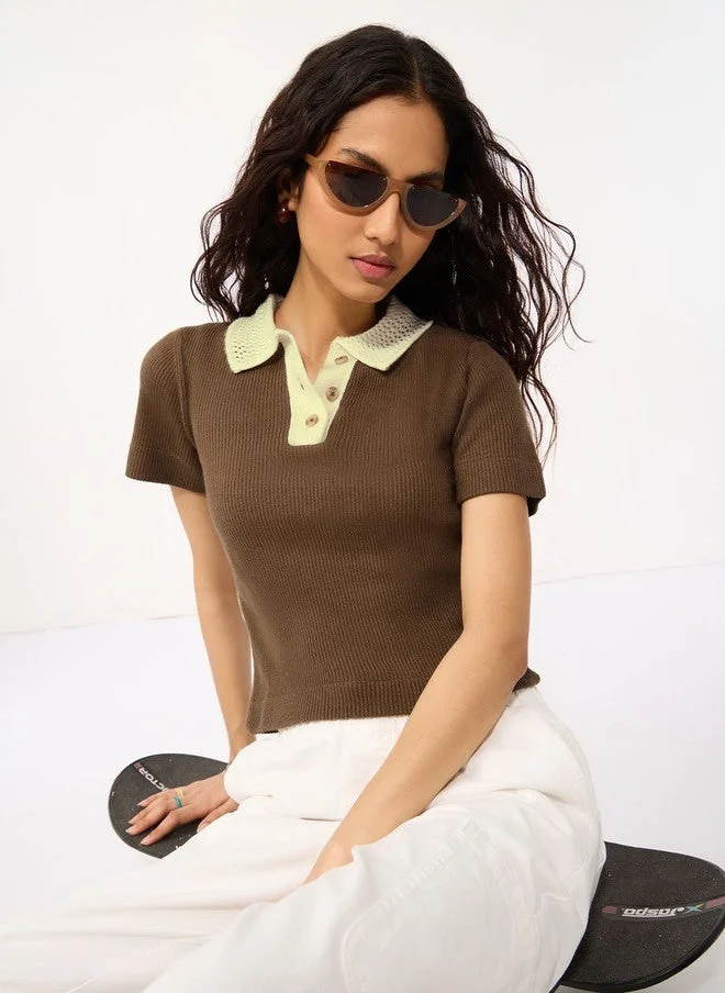 The Souled Store  The Souled Store Women Regular Fit Self Design Coffee Brown Polo T-Shirt  | Best Price UAE