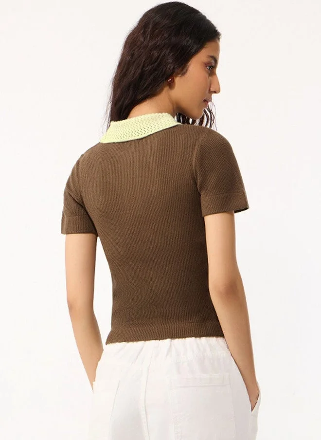 The Souled Store  The Souled Store Women Regular Fit Self Design Coffee Brown Polo T-Shirt  | Best Price UAE