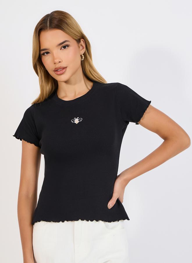 Styli Embroidered Bee Ribbed Fitted T-Shirt  - Image 1