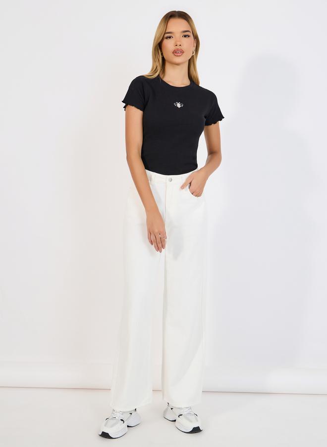 Styli Embroidered Bee Ribbed Fitted T-Shirt  - Image 2