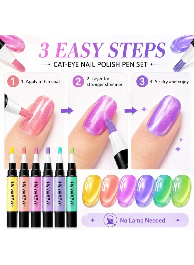NovaCharm 6 Colors Fluorescent Cat Eye Nail Polish Pens, Water-Based Quick Dry No UV Lamp Needed Nail Set, Mini Shimmer Manicure Pens for Natural Nails & Press On Nails - Image 3