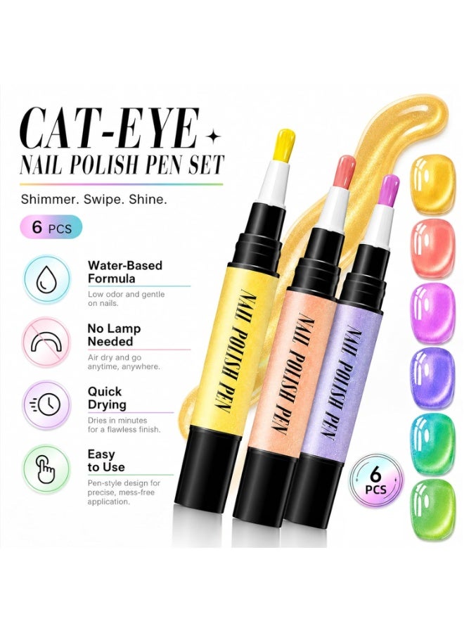 NovaCharm 6 Colors Fluorescent Cat Eye Nail Polish Pens, Water-Based Quick Dry No UV Lamp Needed Nail Set, Mini Shimmer Manicure Pens for Natural Nails & Press On Nails - Image 5