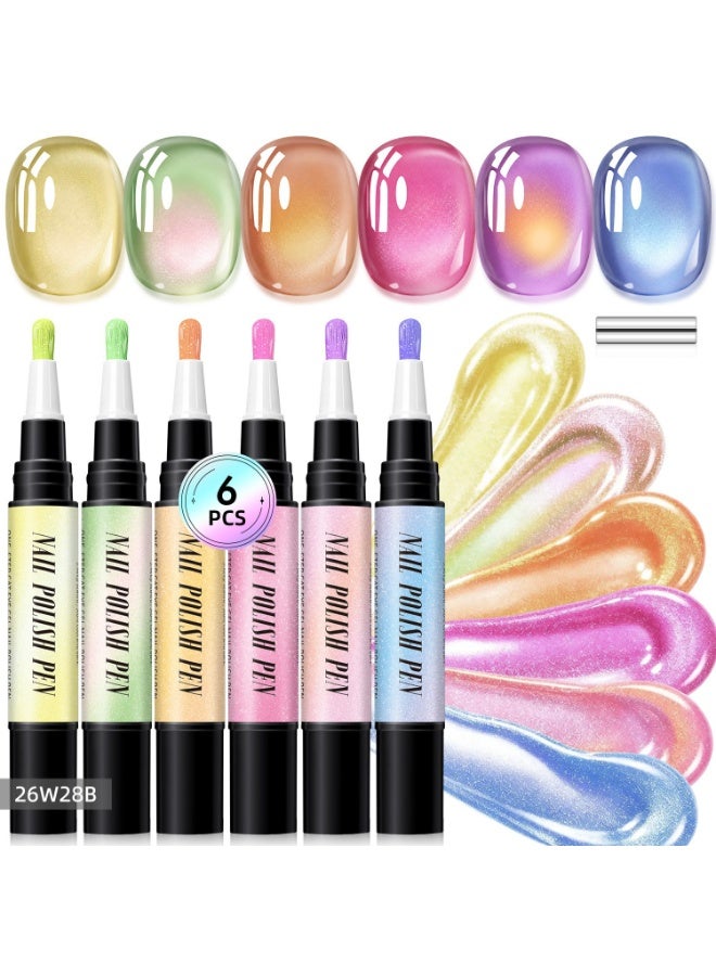 NovaCharm 6 Colors Fluorescent Cat Eye Nail Polish Pens, Water-Based Quick Dry No UV Lamp Needed Nail Set, Mini Shimmer Manicure Pens for Natural Nails & Press On Nails - Image 1