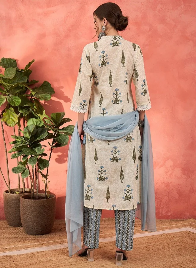 SASSAFRAS Floral Printed Pure Cotton Kurta With Trousers & Dupatta For Women