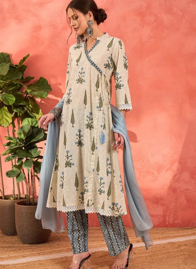SASSAFRAS Floral Printed Pure Cotton Kurta With Trousers & Dupatta For Women