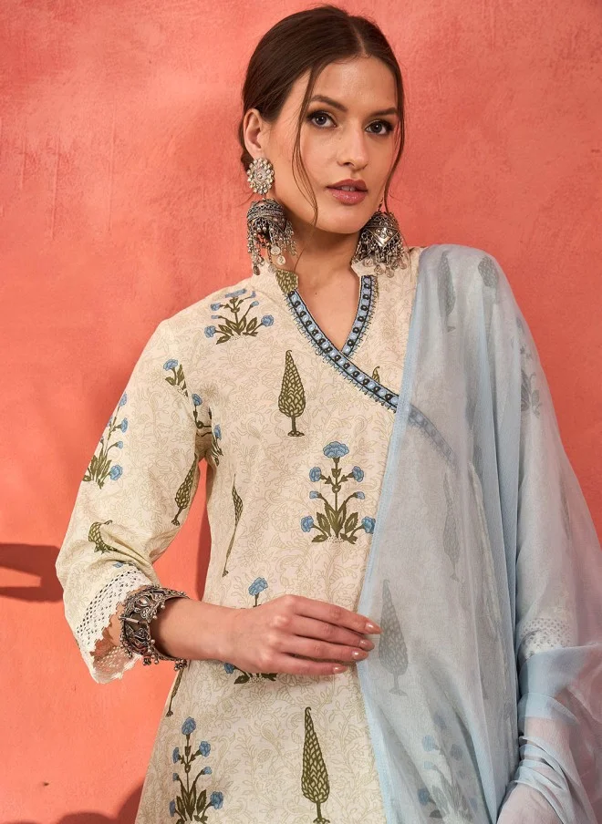SASSAFRAS Floral Printed Pure Cotton Kurta With Trousers & Dupatta For Women