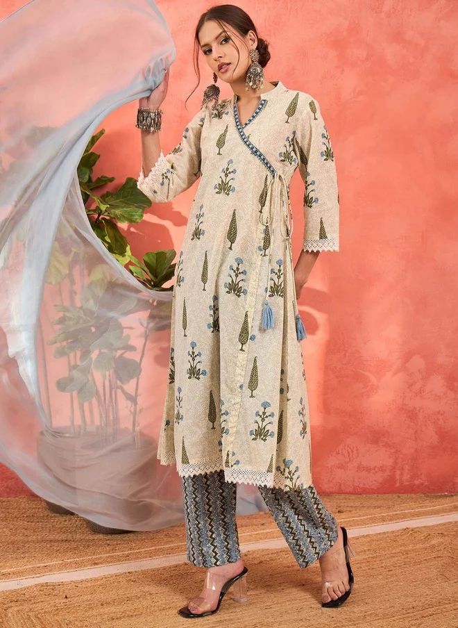 SASSAFRAS Floral Printed Pure Cotton Kurta With Trousers & Dupatta For Women