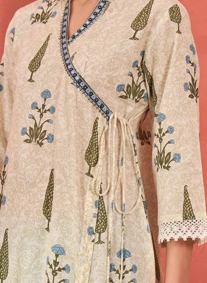 SASSAFRAS Floral Printed Pure Cotton Kurta With Trousers & Dupatta For Women