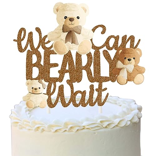 umoni We Can Bearly Wait Cake Topper We Can Bearly Wait Decorations Brown Glitter Teddy Bear Cake Topper Decorations for Baby Bear Theme Gender Reveal Party Supplies - Image 1