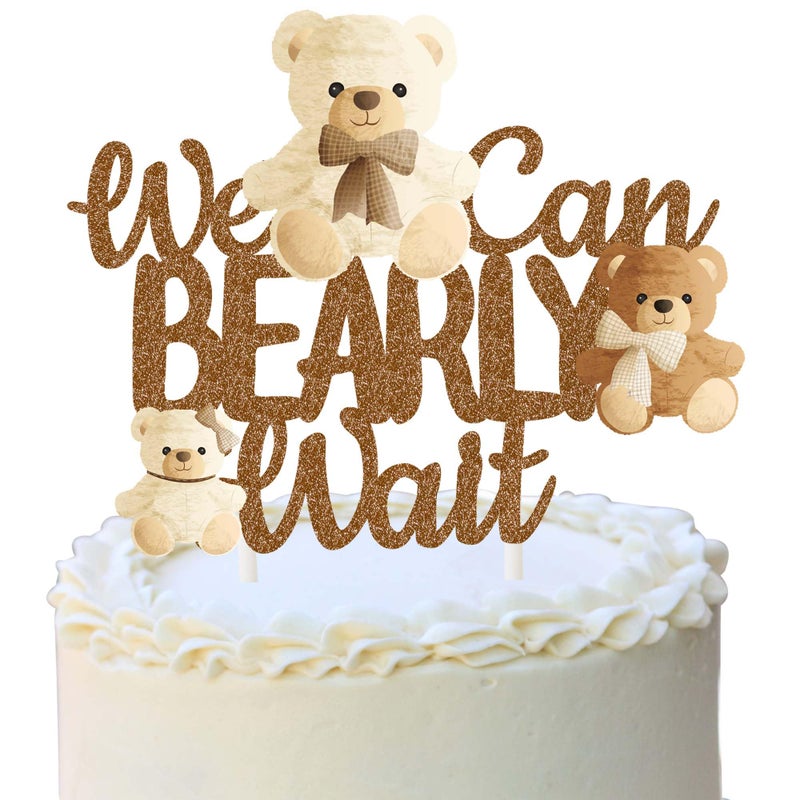 umoni We Can Bearly Wait Cake Topper We Can Bearly Wait Decorations Brown Glitter Teddy Bear Cake Topper Decorations for Baby Bear Theme Gender Reveal Party Supplies - Image 2