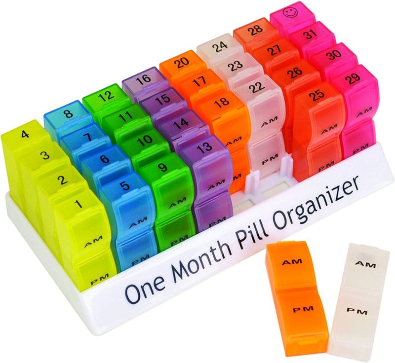 Deke Home - Monthly Pill Organizer Box. 32 Compartments, AM-PM Boxes, Daily Pill Organizer. Pillbox, Medicine Holder, Case Dispenser. Supplement, Medication, Pills, Vitamin. 2 Times a Day (Multicolor)