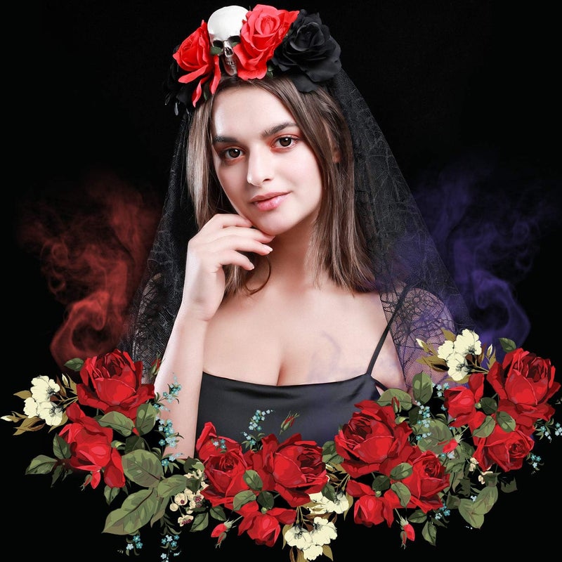 Blulu Halloween Veil Headband Day of the Dead Rose Flower Veil Headpiece Bride Floral Crown Costume Cosplay Halloween Party Accessories for Women - Image 2