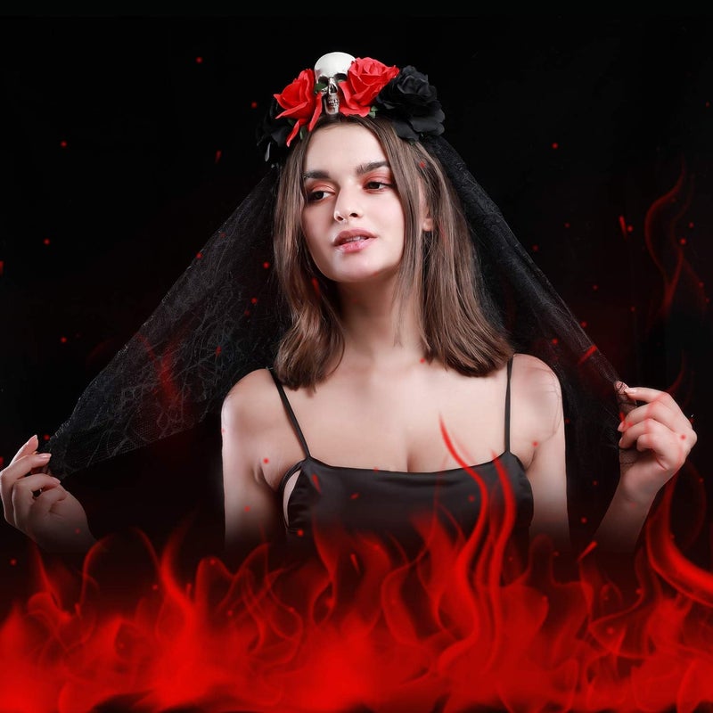 Blulu Halloween Veil Headband Day of the Dead Rose Flower Veil Headpiece Bride Floral Crown Costume Cosplay Halloween Party Accessories for Women - Image 3