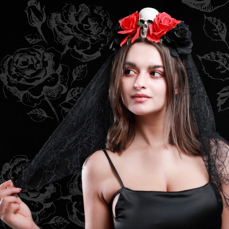 Blulu Halloween Veil Headband Day of the Dead Rose Flower Veil Headpiece Bride Floral Crown Costume Cosplay Halloween Party Accessories for Women - Image 4