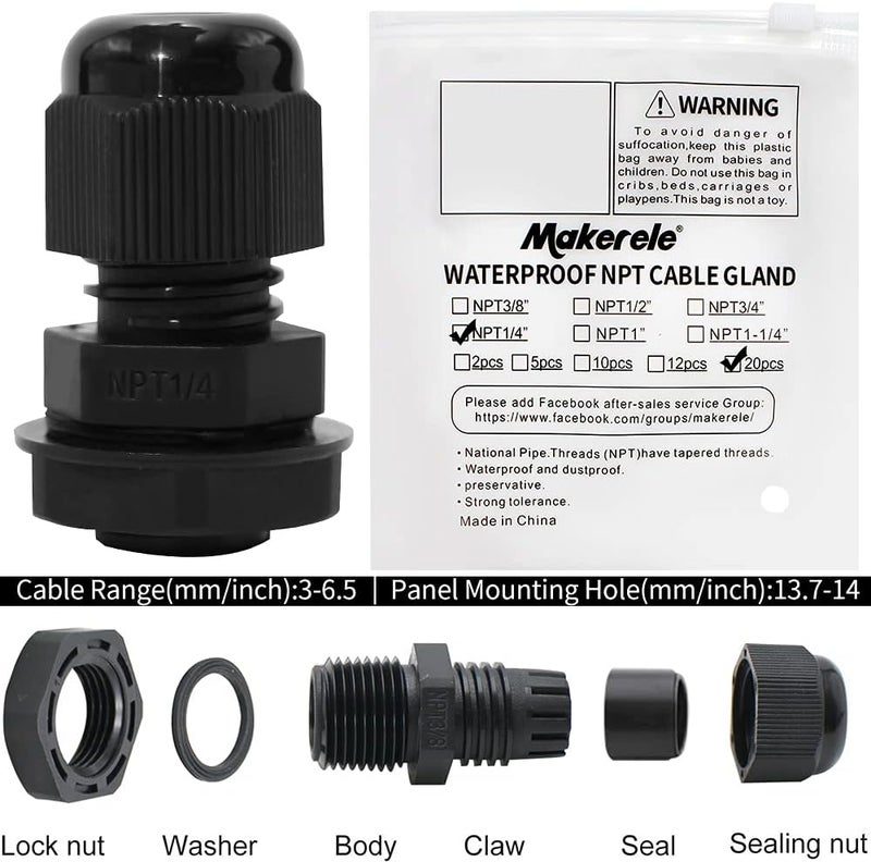 MAKERELE Cable Gland 1/4 Npt,Nylon Plastic Connectors Adjustable 3-6.5mm Cord Gland - Image 4